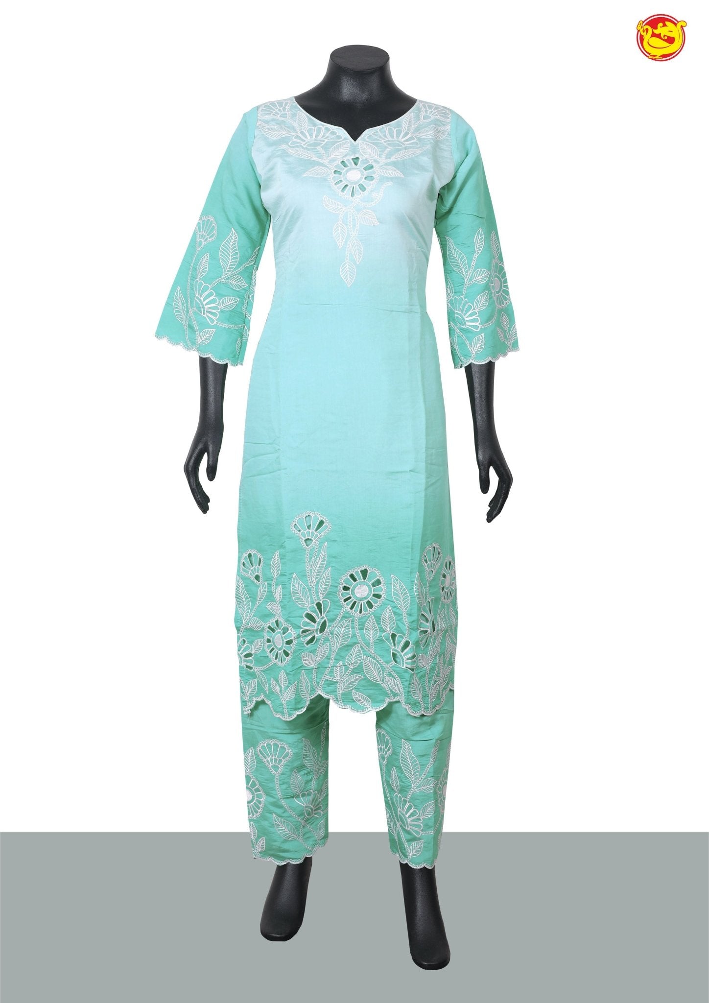 Pista Green with Floral Embroidery Cut work Ladies Branded Readymade Straight Cut Chudi Set