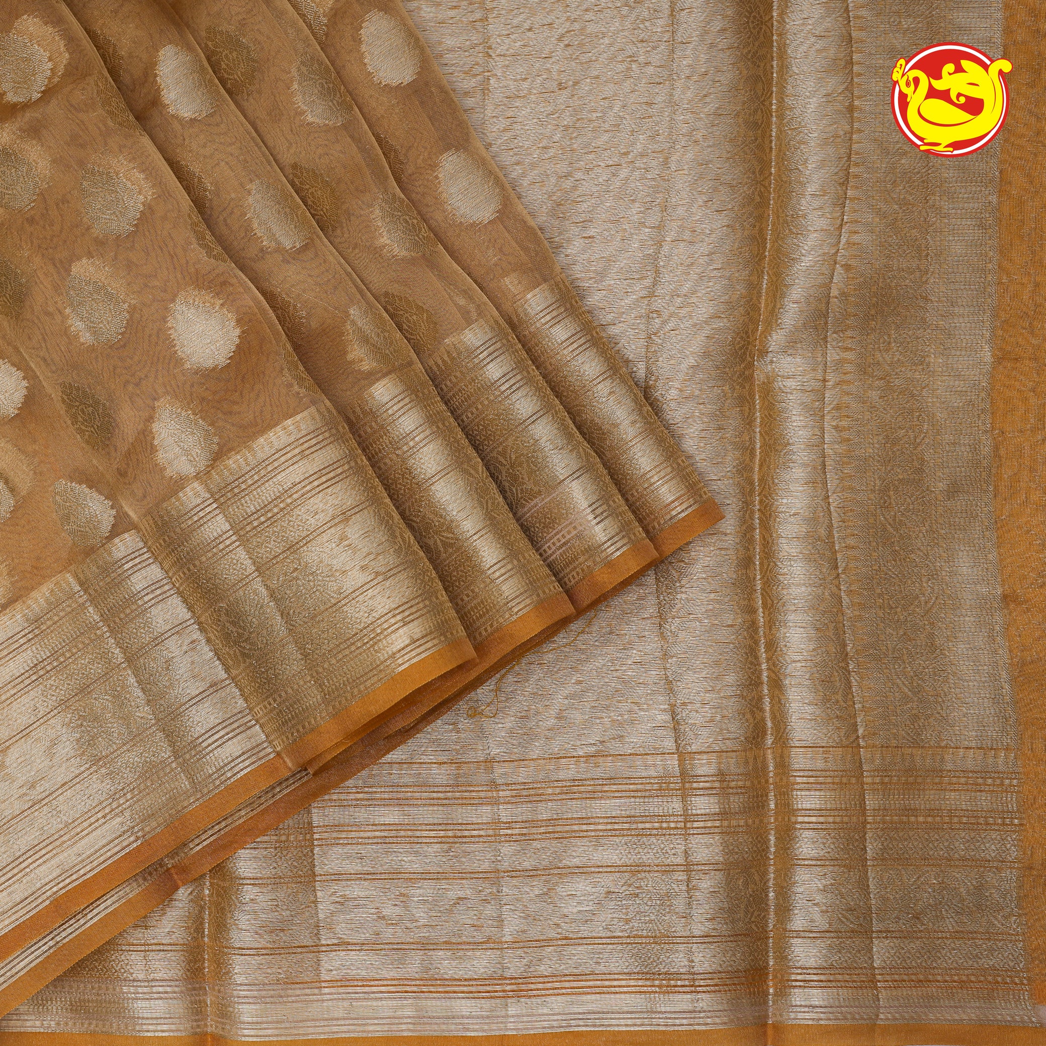 Mustard Semi-Tissue Saree With Unique Buttas, Traditional Zari Border & Pallu Of Intricate Designs