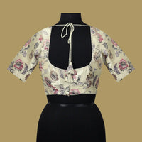 CREAMY Yellow  With   Floral prints design BANARAS JACQUARD Ready made Blouse