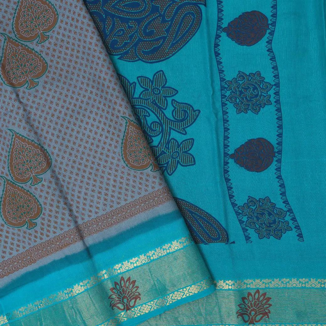 Grey with Teal green  Mul Mul Cotton Saree without Blouse