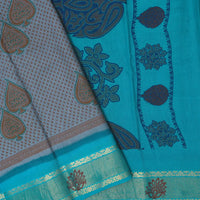 Grey with Teal green  Mul Mul Cotton Saree without Blouse