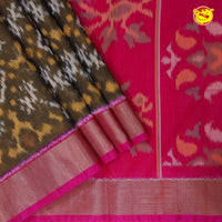 Brown With Pink Ikat Soft Silk Saree - Thenianantham