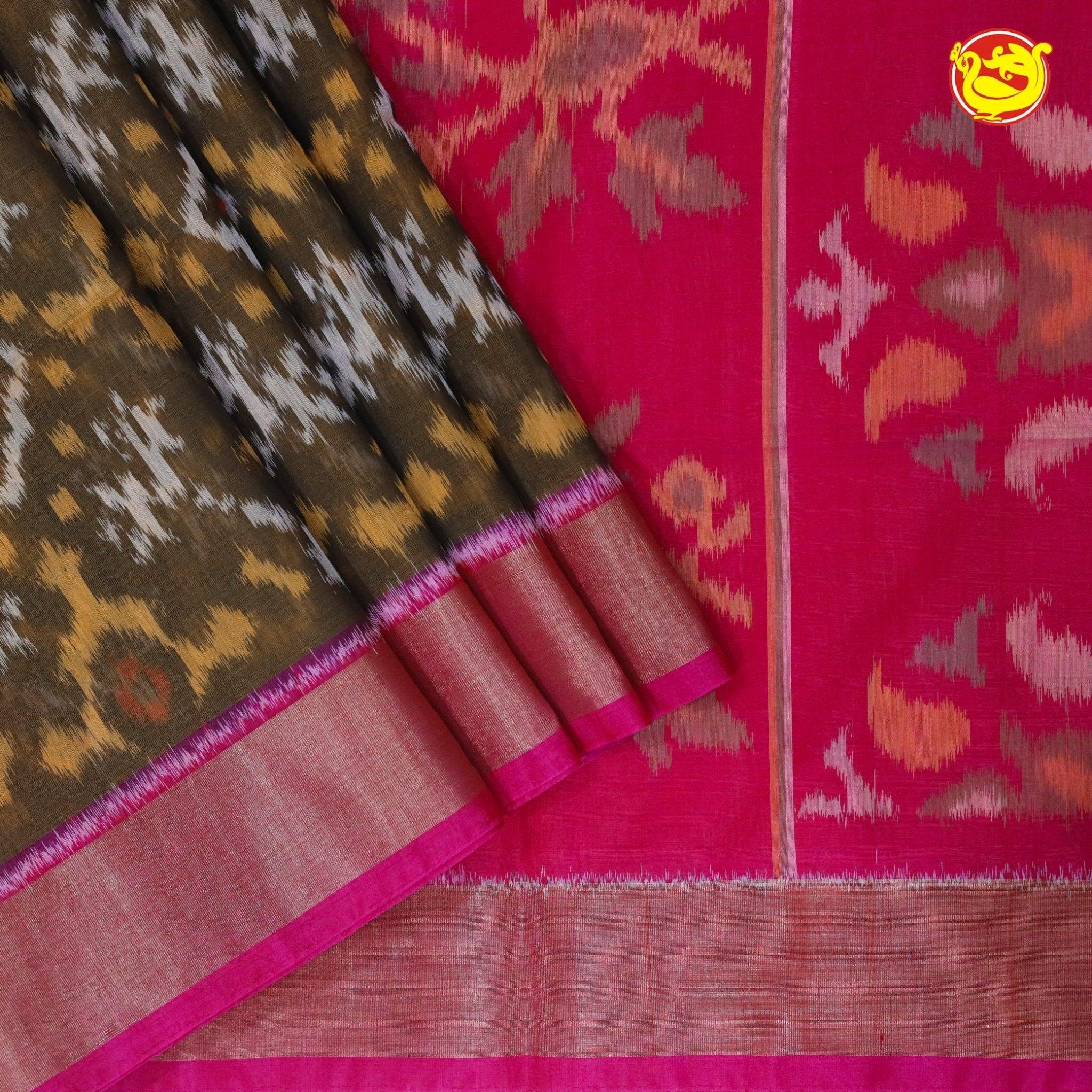 Brown With Pink Ikat Soft Silk Saree