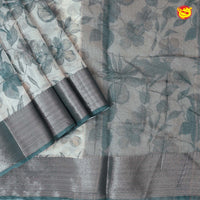 Creamy sandal Green Floral Garden Copper Zari Russian Silk Saree