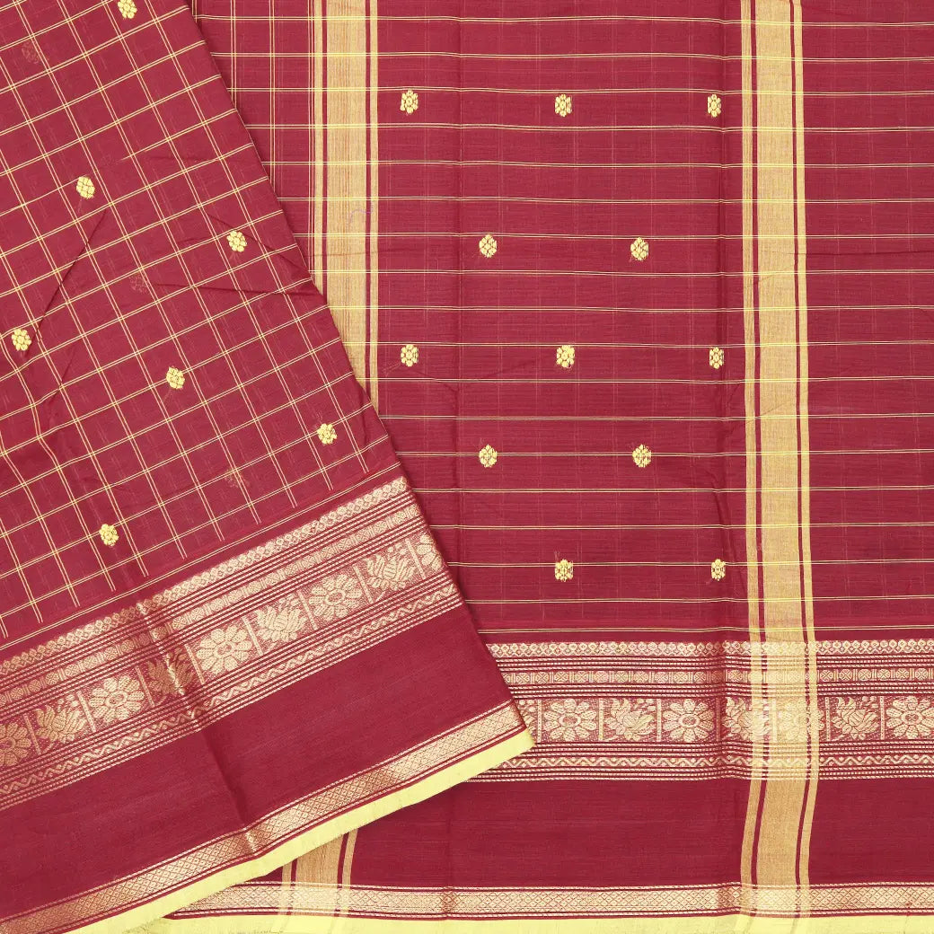 Maroon with Lime yellow Checked Pattern Pure Chettinad Cotton Saree without Blouse  &nbsp;