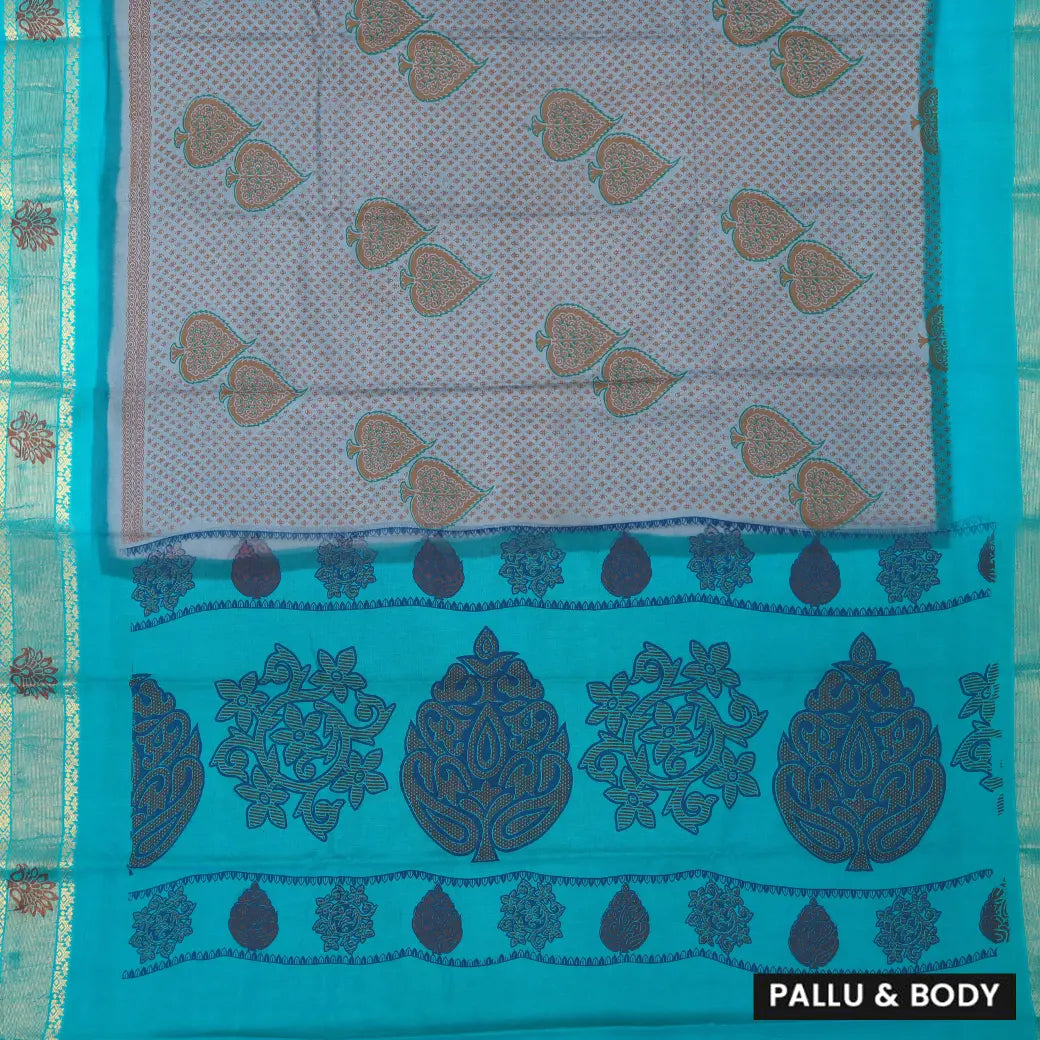 Grey with Teal green  Mul Mul Cotton Saree without Blouse