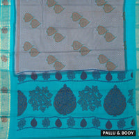 Grey with Teal green  Mul Mul Cotton Saree without Blouse