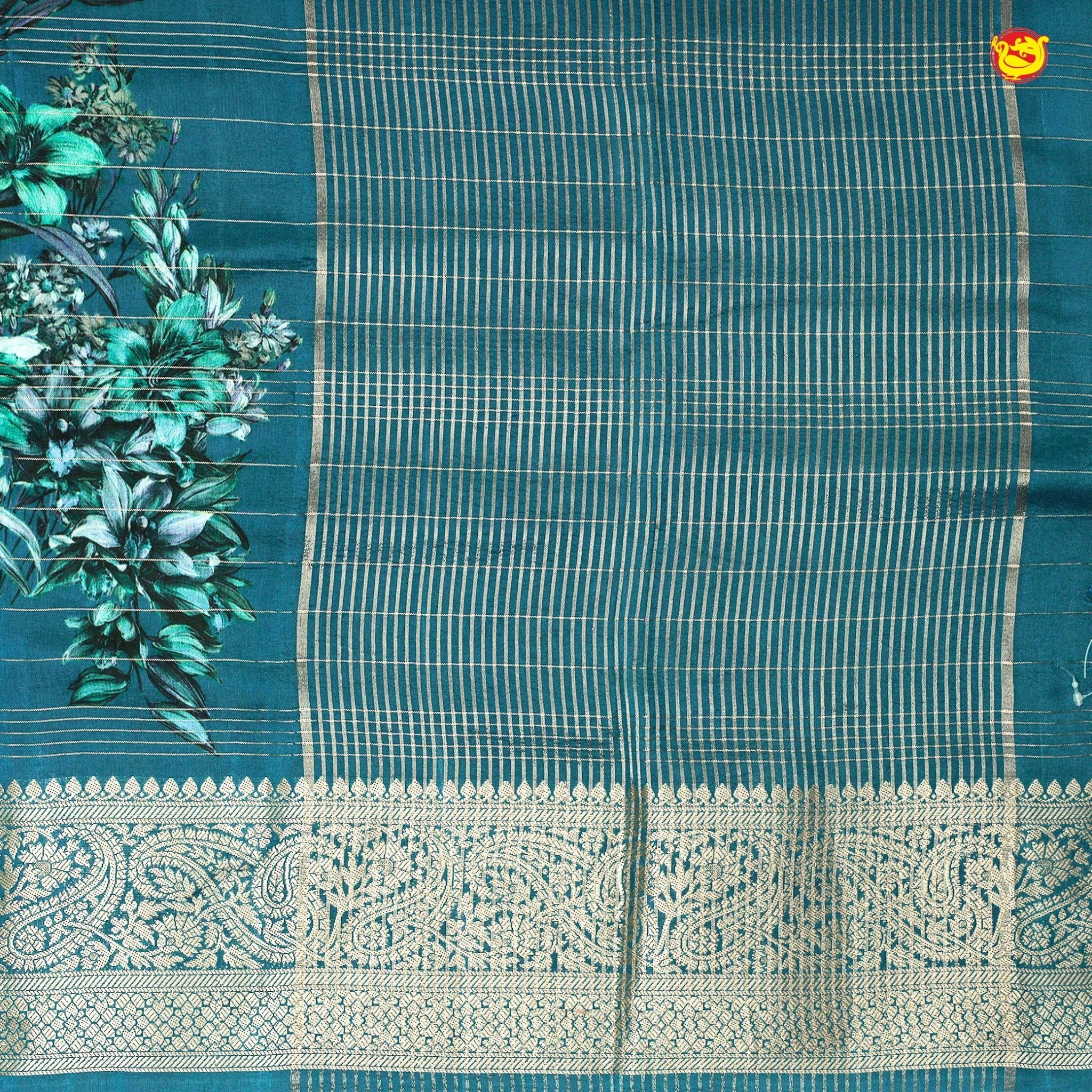 Unique Peacock Blue Pure Chanderi Silk Saree with Stripes and Digital Art Floral Motifs and Gold Zari Border - Thenianantham