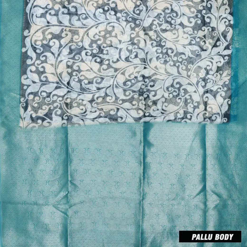 Black with Teal Blue Paisley Design Pattern Semi Burberry Silk Saree