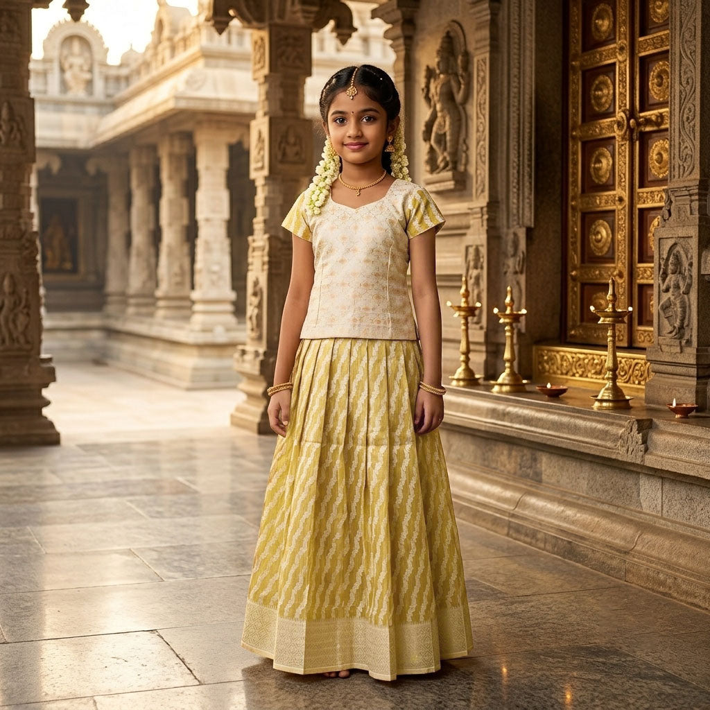 Off White With Mustard Yellow Girls Branded Readymade Pattu Pavadai