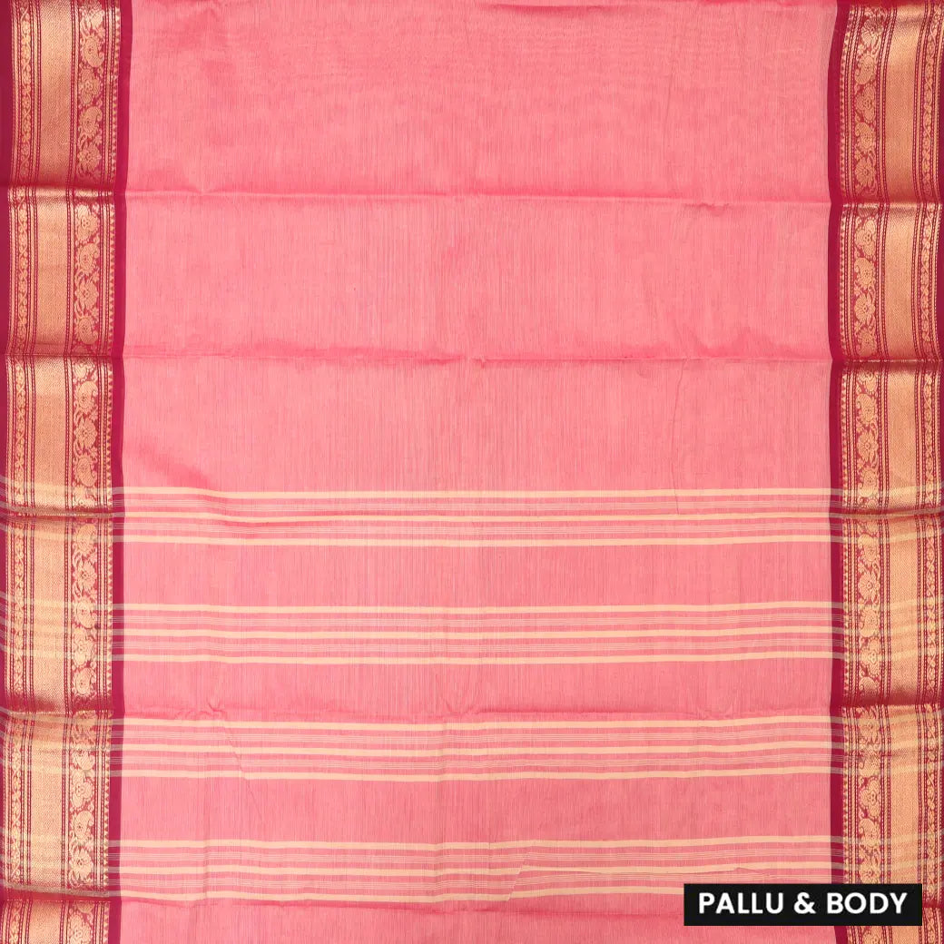 Coral Pink With Maroon Pure Chettinad Cotton Saree without Blouse