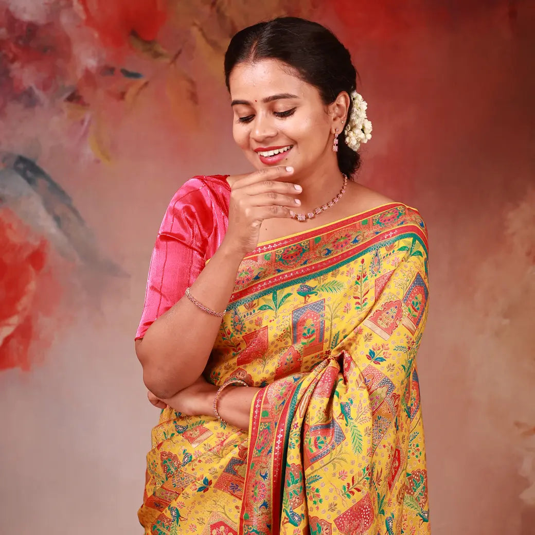 Yellow With Red  Soft Banarasi Saree