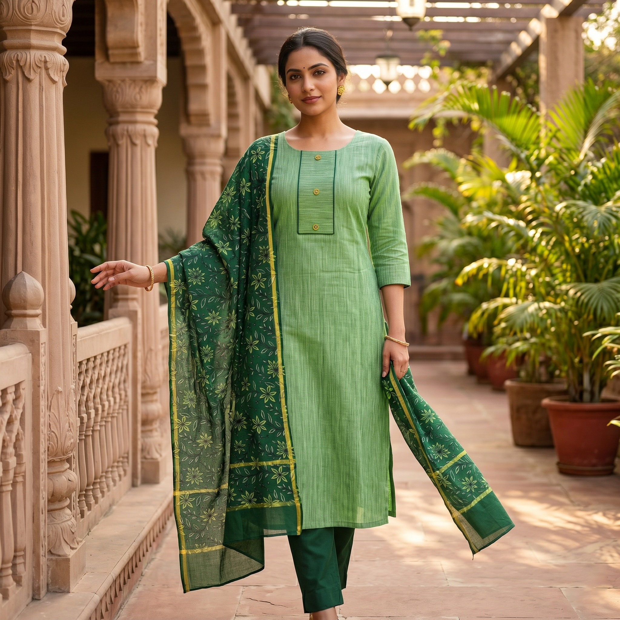 Light Green With Bottle Green Cotton Ladies Chudithar Material