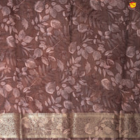 Dark Brown Pure Organza Silk With Gold Zari Border Digital Print Saree - Thenianantham