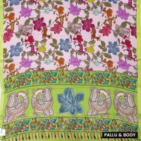lightpink with green priented  floral design Semi Chanderi  Saree
