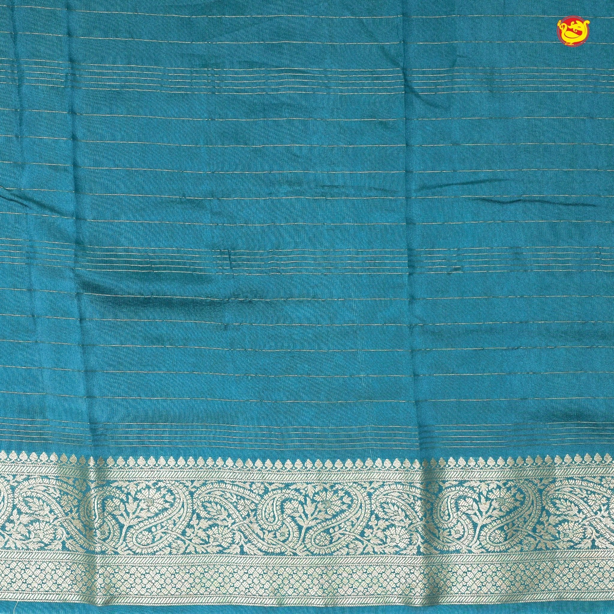 Unique Peacock Blue Pure Chanderi Silk Saree with Stripes and Digital Art Floral Motifs and Gold Zari Border - Thenianantham