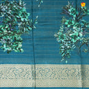 Unique Peacock Blue Pure Chanderi Silk Saree with Stripes and Digital Art Floral Motifs and Gold Zari Border - Thenianantham