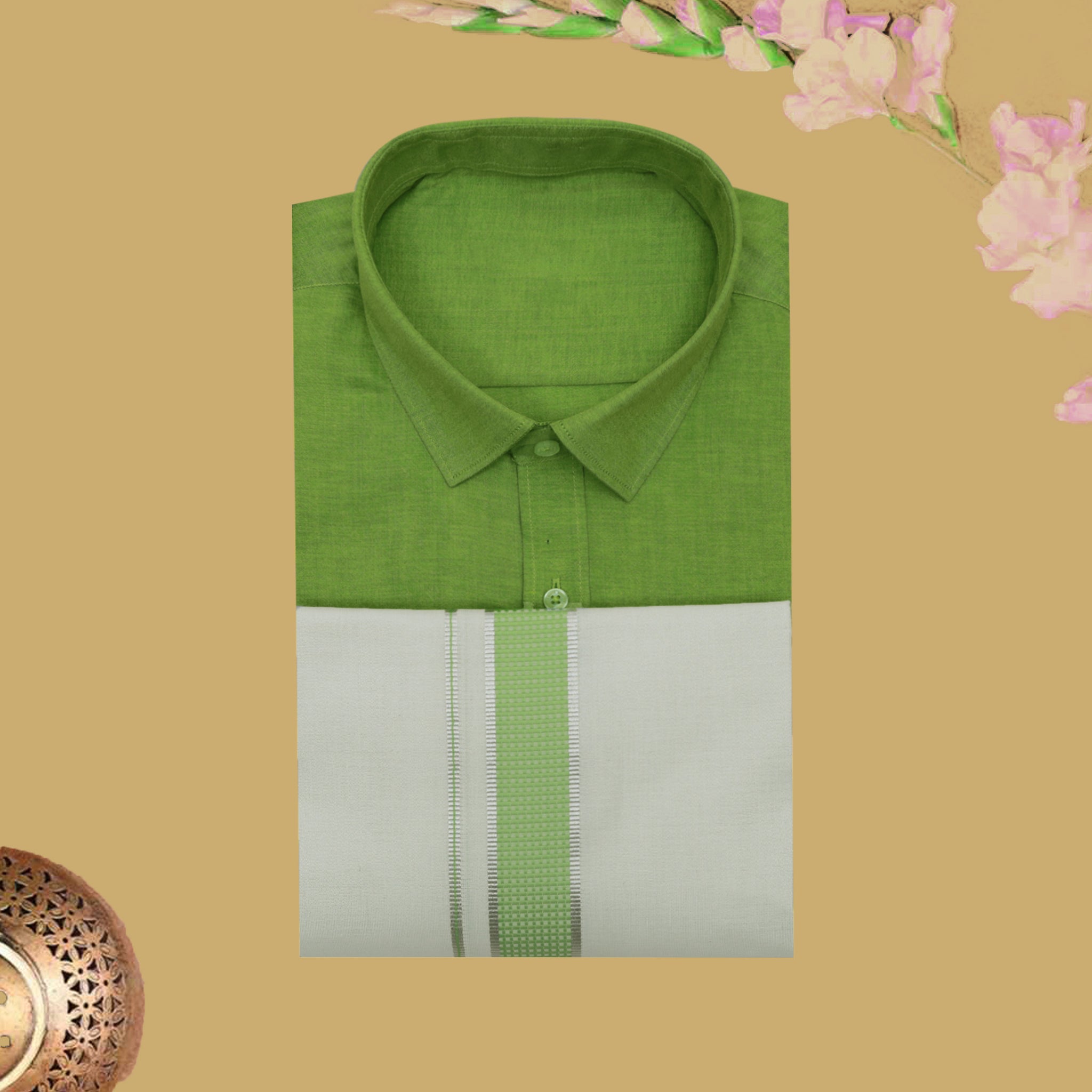 Lime green Cotton Readymade Shirt and Flexi Fit Dhoti