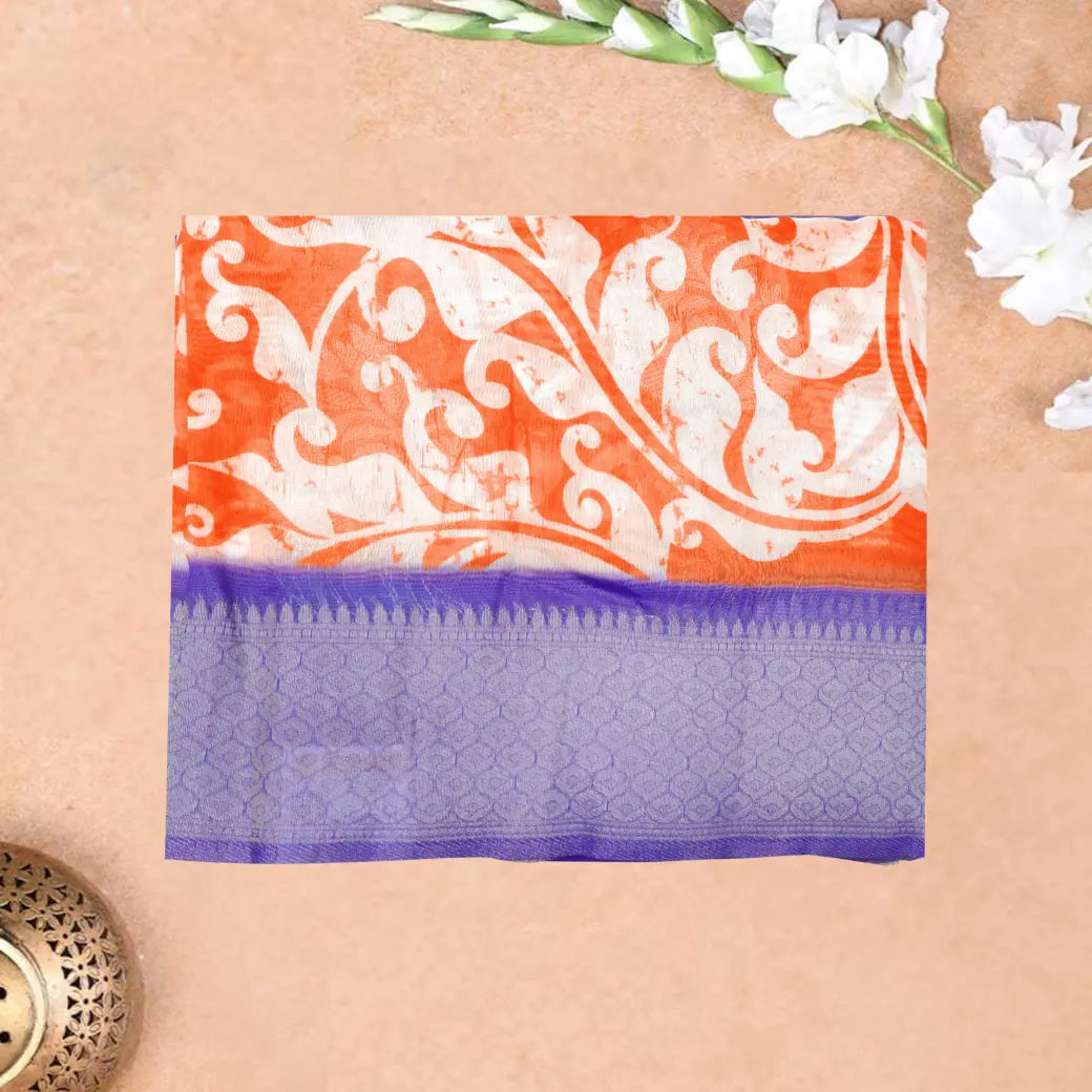 Orange with Blue Paisley Design Pattern Semi Burberry Silk Saree