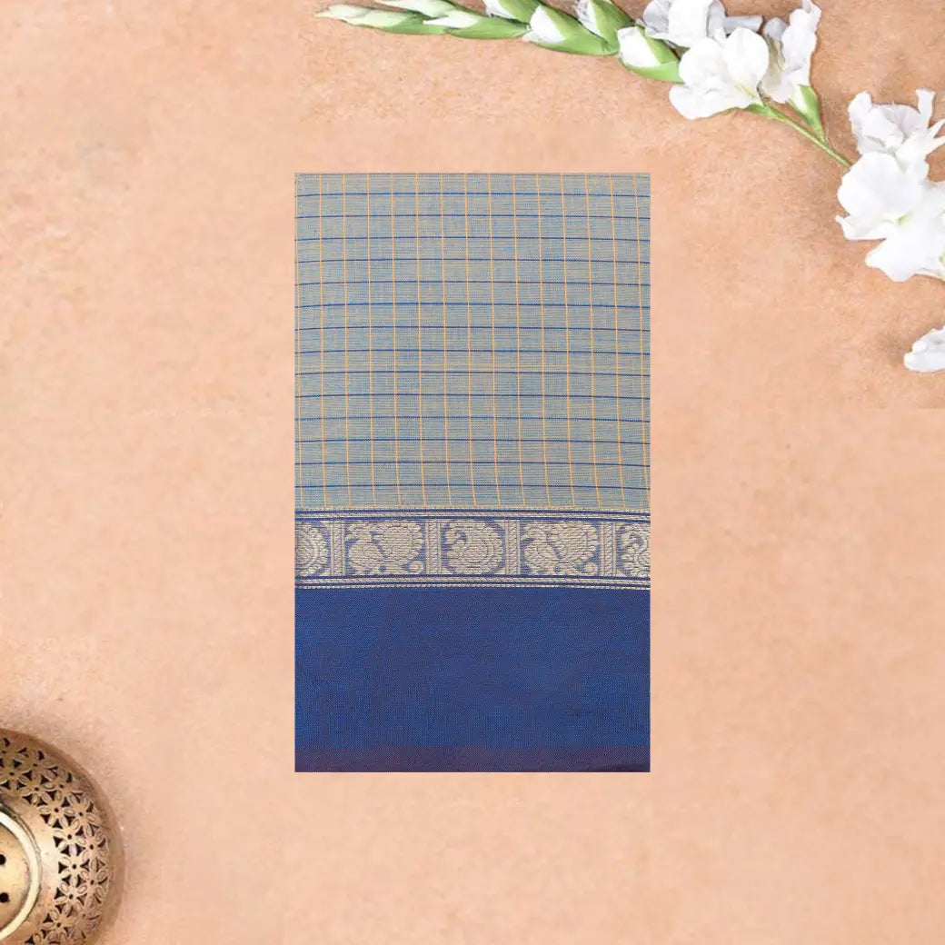Double shade Light Blue-gray with Light Blue Checked Pattern Pure Chettinad Cotton Saree without Blouse