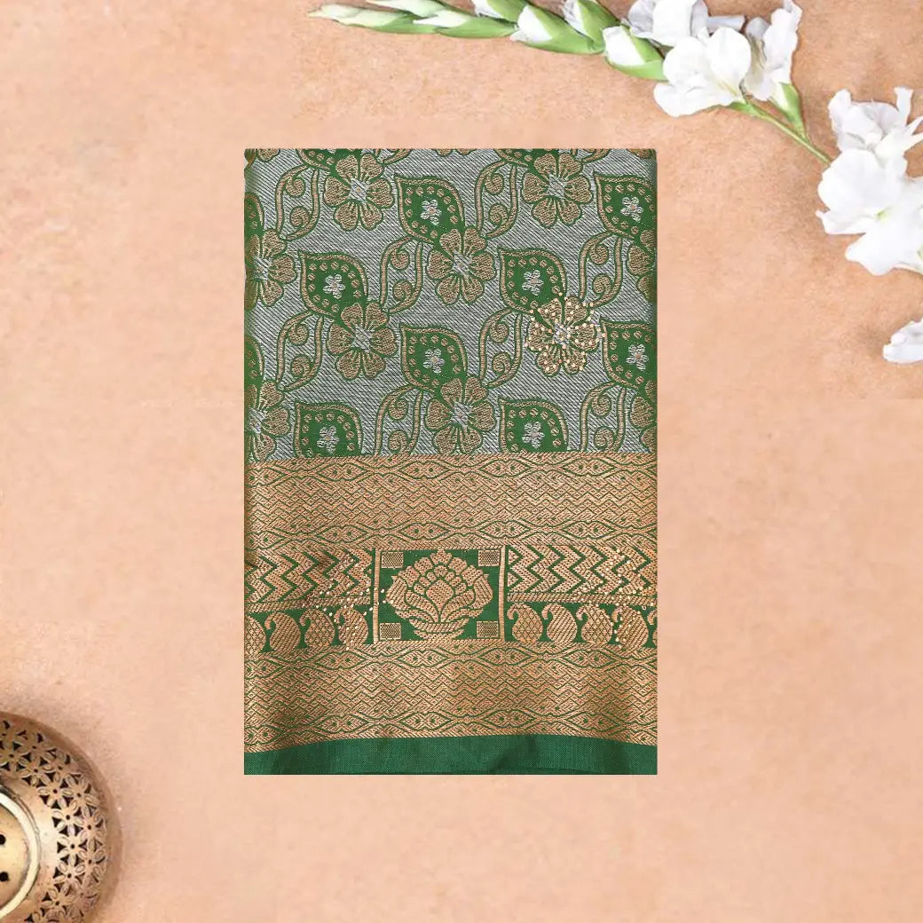 Dark Green Colour Floral Design Traditional  Pattu Pavadai Material