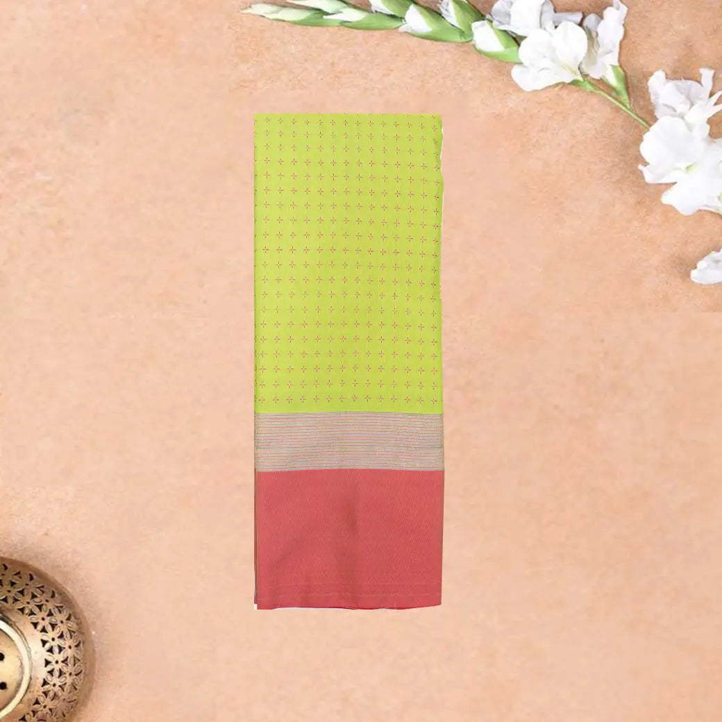 Lime Green With Coral Pink Arani Silk Saree