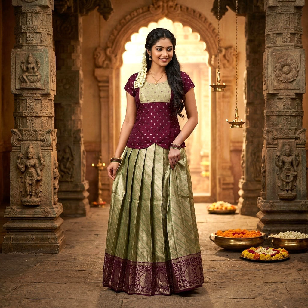 Dark MaroonWith Olive Green Girls Branded Readymade Pattu Pavadai