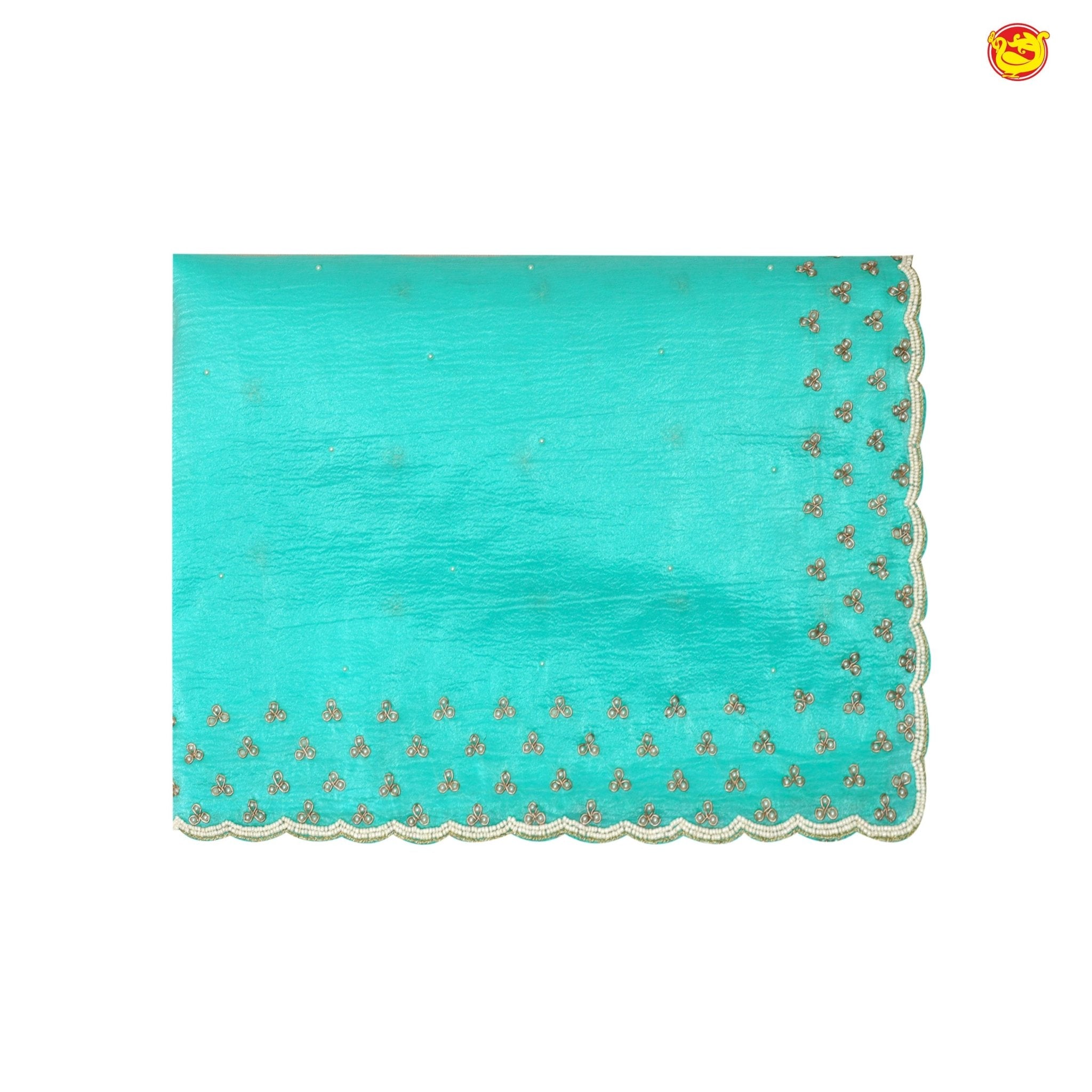 Sea Blue With Yellow Shimmer Saree In Beads And Zardosi On The Pallu Border - Thenianantham