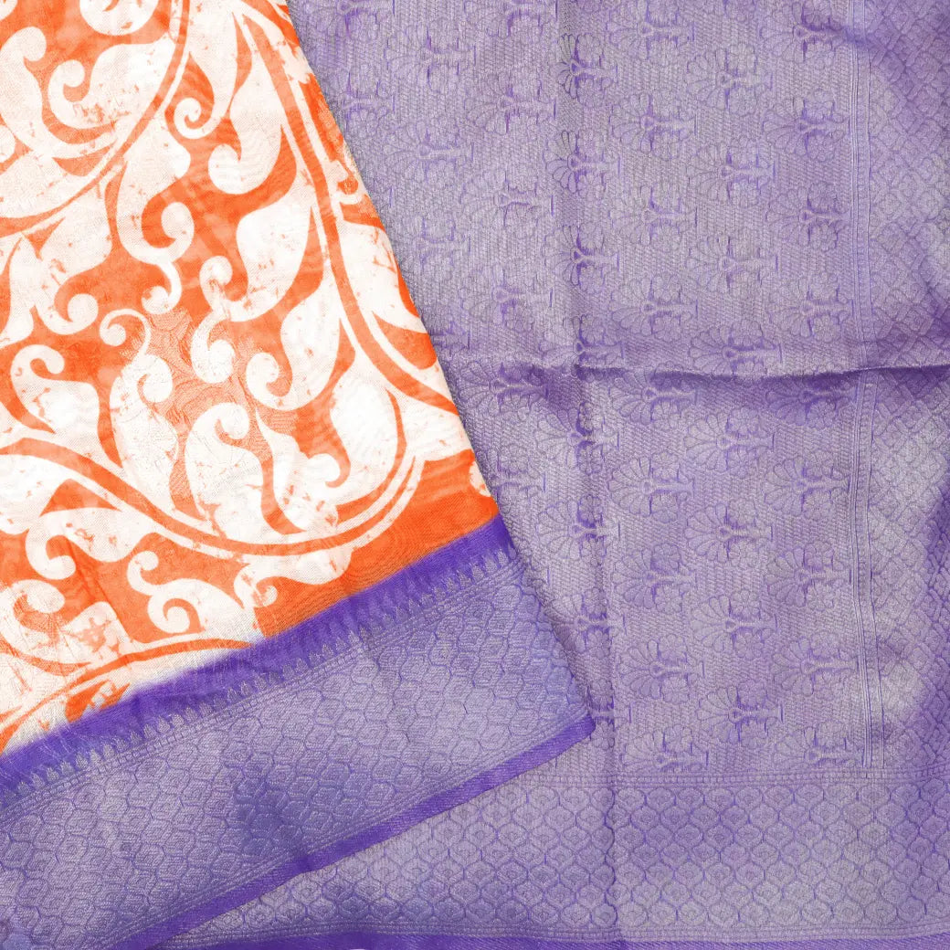 Orange with Blue Paisley Design Pattern Semi Burberry Silk Saree