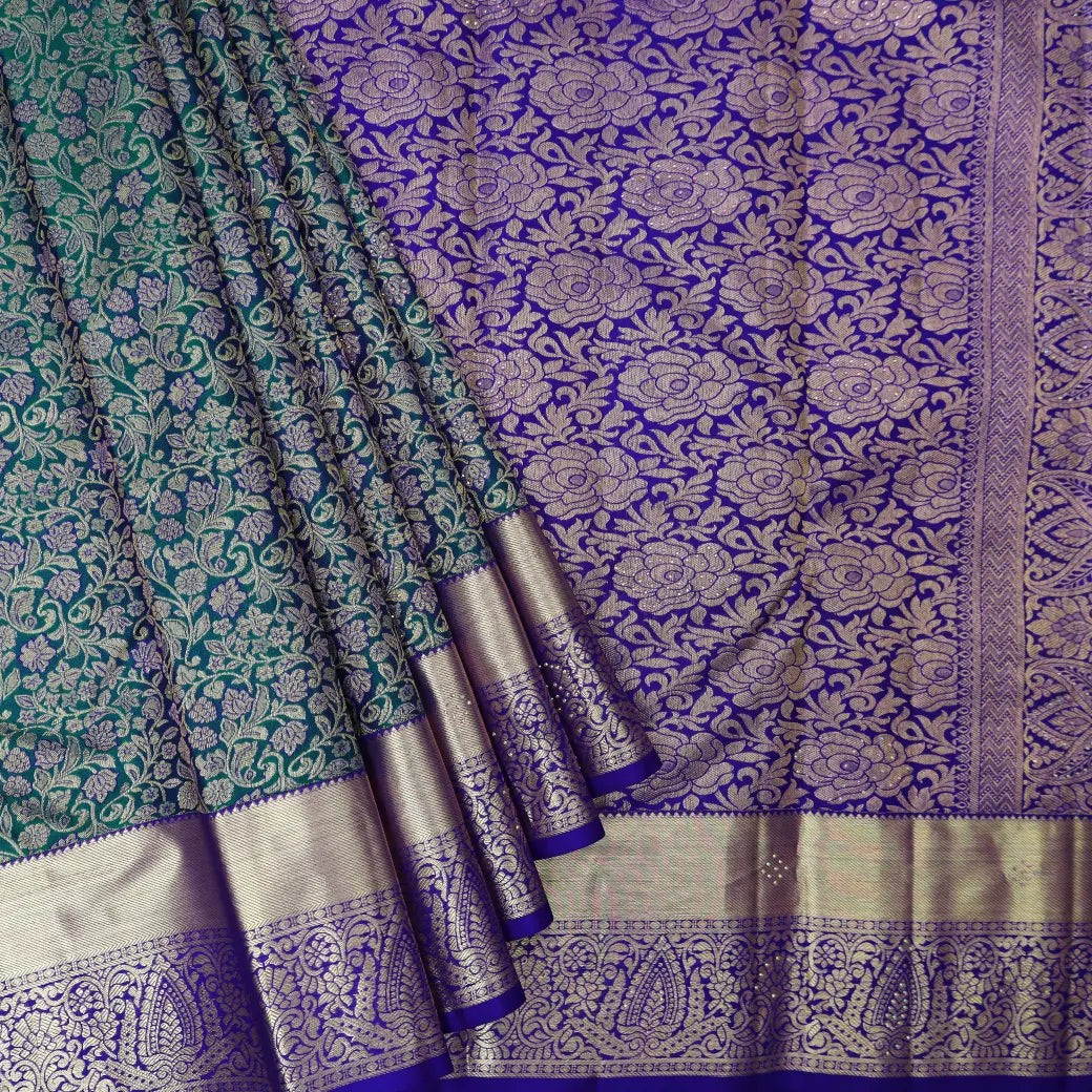 Green  with Purple Gold Zari Border Wedding Silk Saree