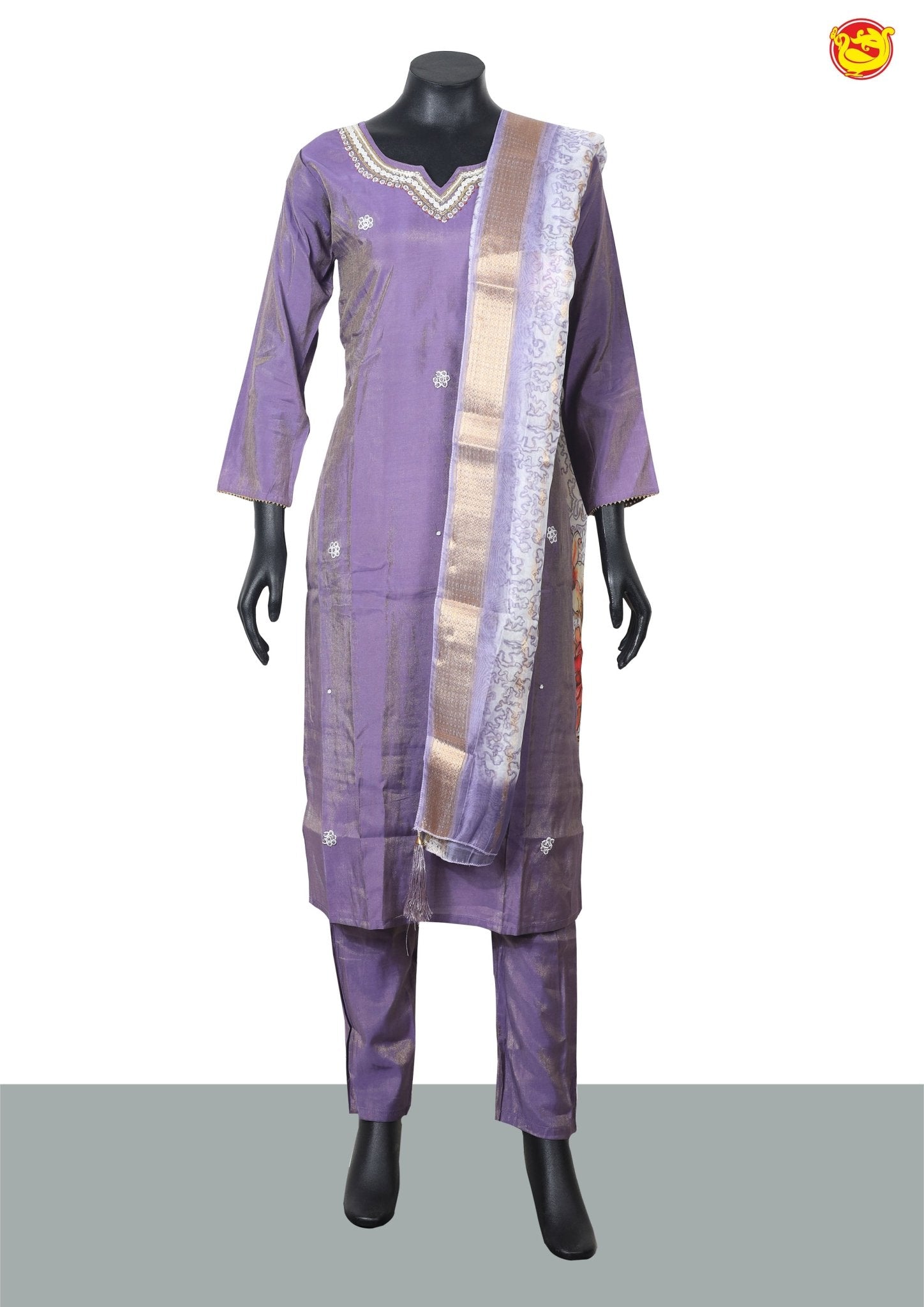 Purple with Floral Buttas Stones and Beads work Ladies Branded Readymade Tissue Straight Cut Chudi Set - Thenianantham