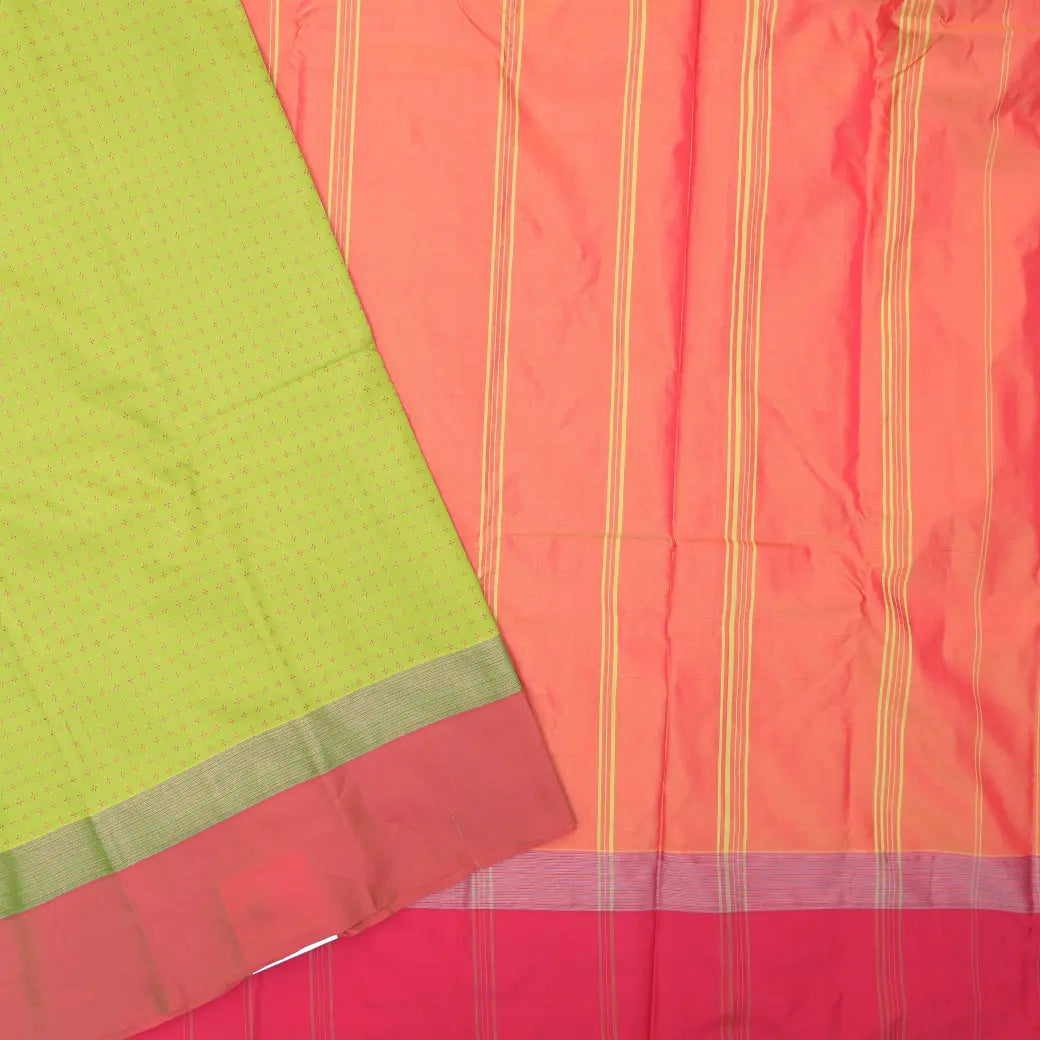 Lime Green With Coral Pink Arani Silk Saree