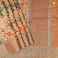 Golden Brown With Gold Border Tissue With Floral Digital Prints saree - Thenianantham