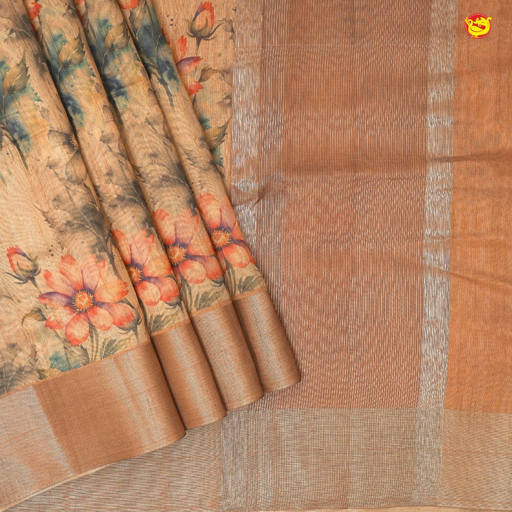 Golden Brown With Gold Border Tussar Silk With Floral Digital Prints saree