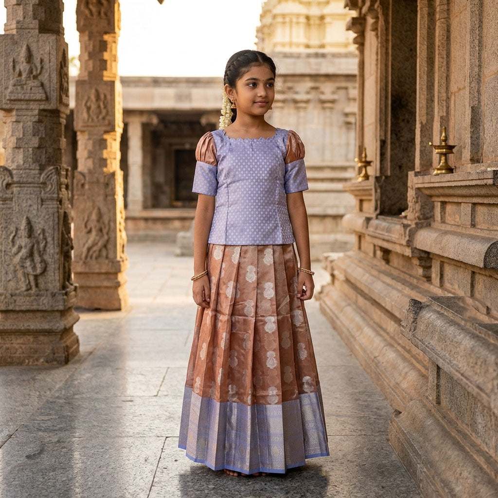 Lavender With Brown Girls Branded Readymade Pattu Pavadai