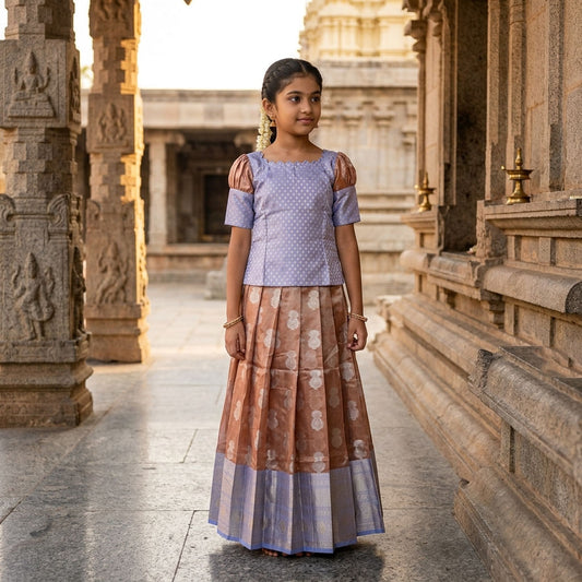 Lavender With Brown Girls Branded Readymade Pattu Pavadai