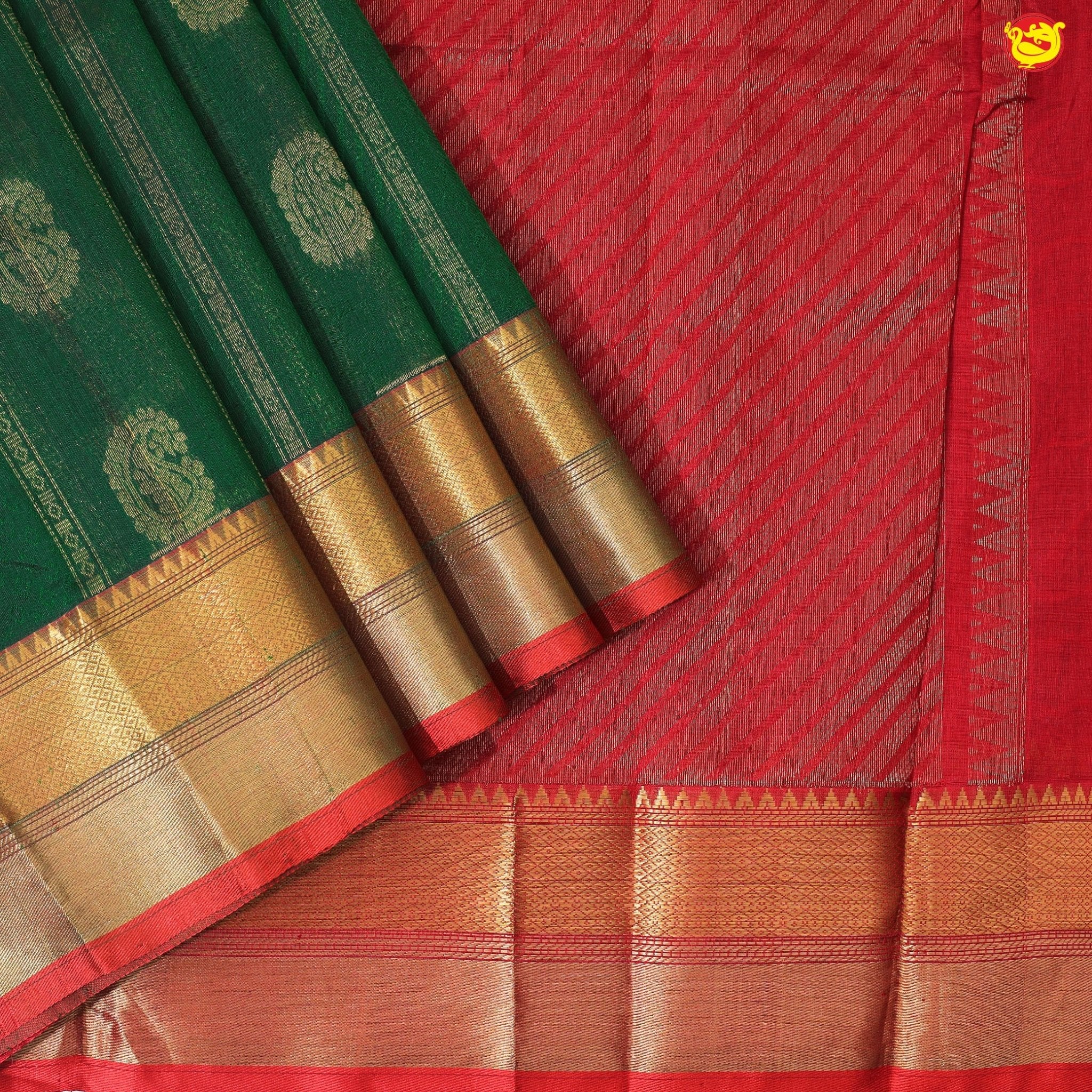 Bottle Green and Dark Red With Gold Zari Floral Buttas Pure Silk Cotton Saree - Thenianantham