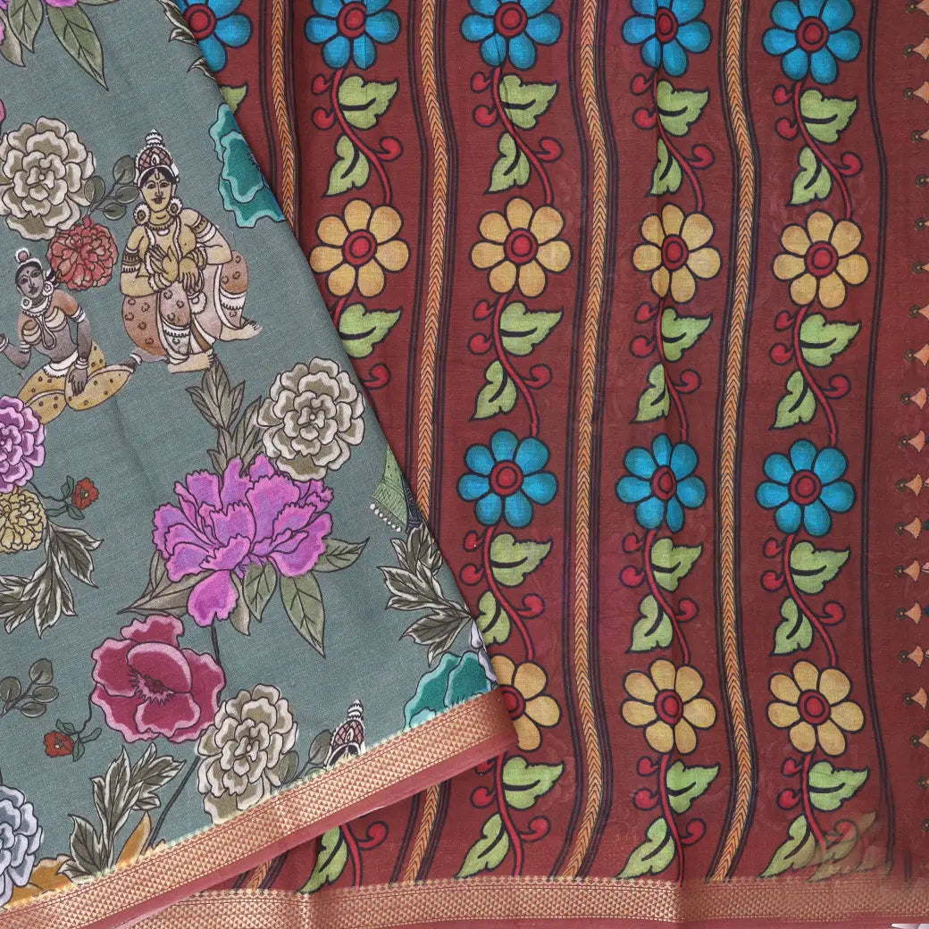 Green with Maroon priented  floral design Semi Chanderi  Saree