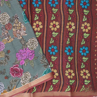 Green with Maroon priented  floral design Semi Chanderi  Saree