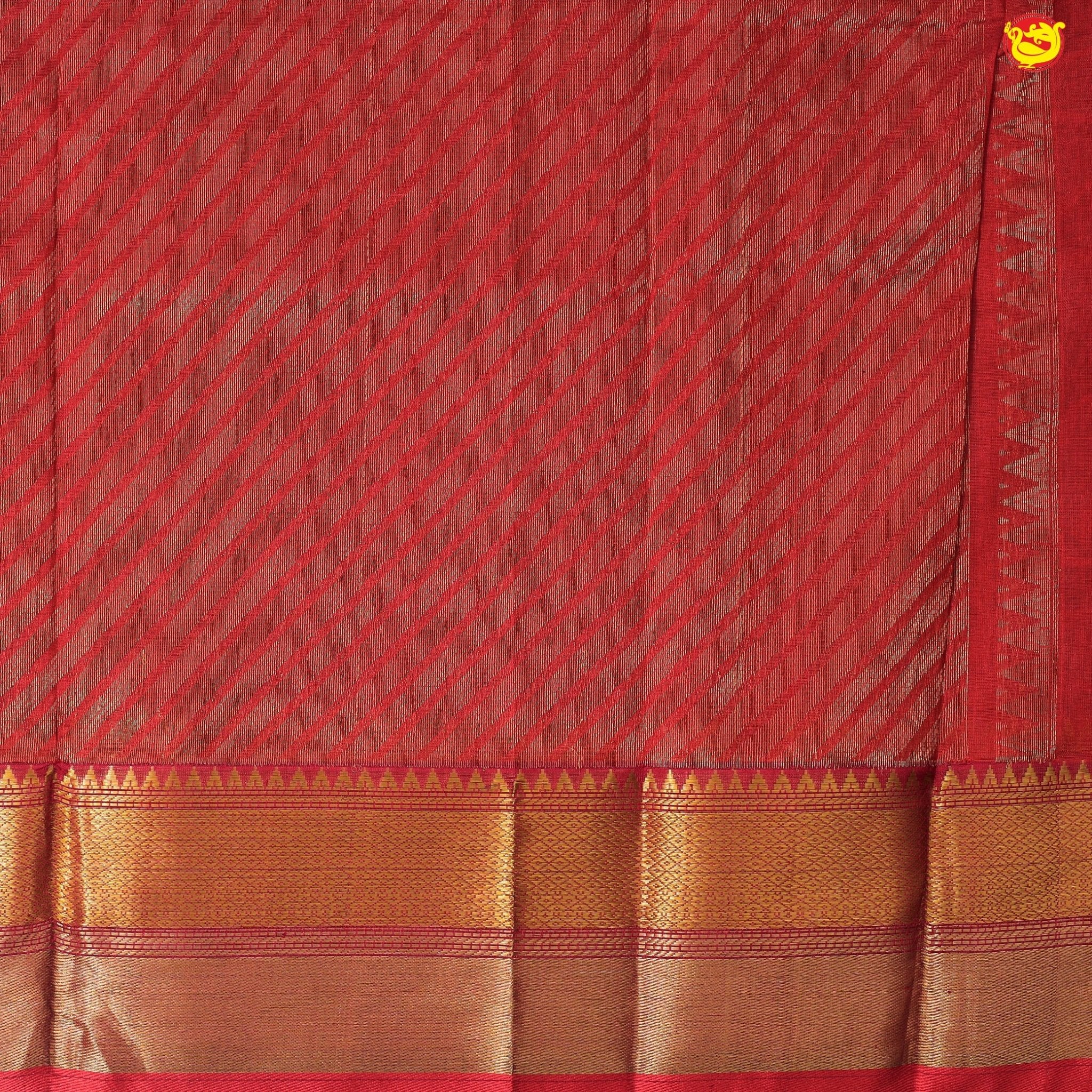 Bottle Green and Dark Red With Gold Zari Floral Buttas Pure Silk Cotton Saree - Thenianantham