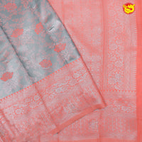 Grey with Orange Rose Floral Motifs Soft Silk Saree - Thenianantham