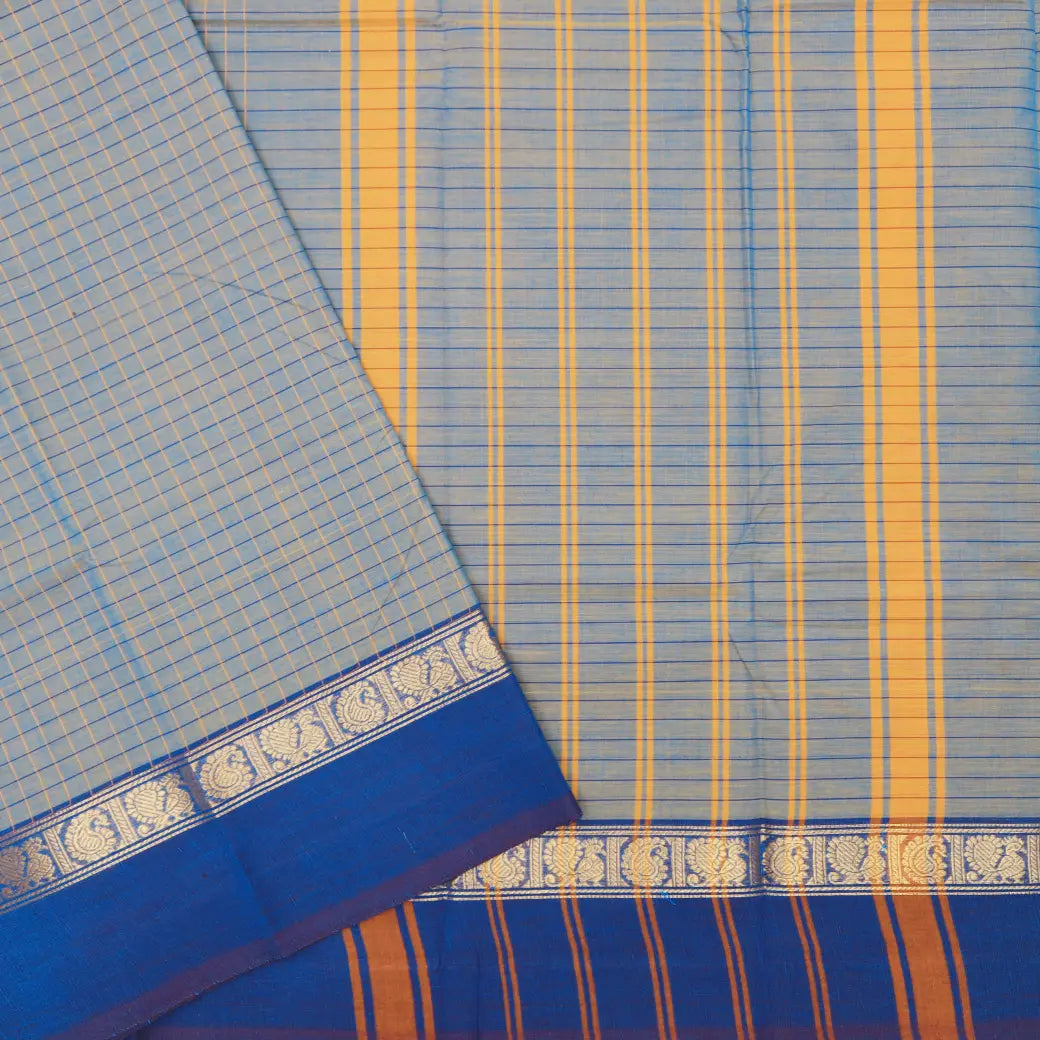 Double shade Light Blue-gray with Light Blue Checked Pattern Pure Chettinad Cotton Saree without Blouse