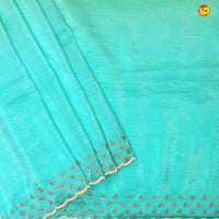 Sea Blue With Yellow Shimmer Saree In Beads And Zardosi On The Pallu Border - Thenianantham