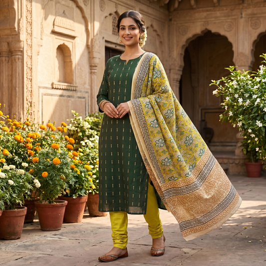 Bottle Green With Mustard Yellow Cotton Ladies Chudithar Material