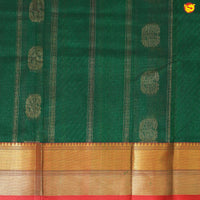 Bottle Green and Dark Red With Gold Zari Floral Buttas Pure Silk Cotton Saree - Thenianantham