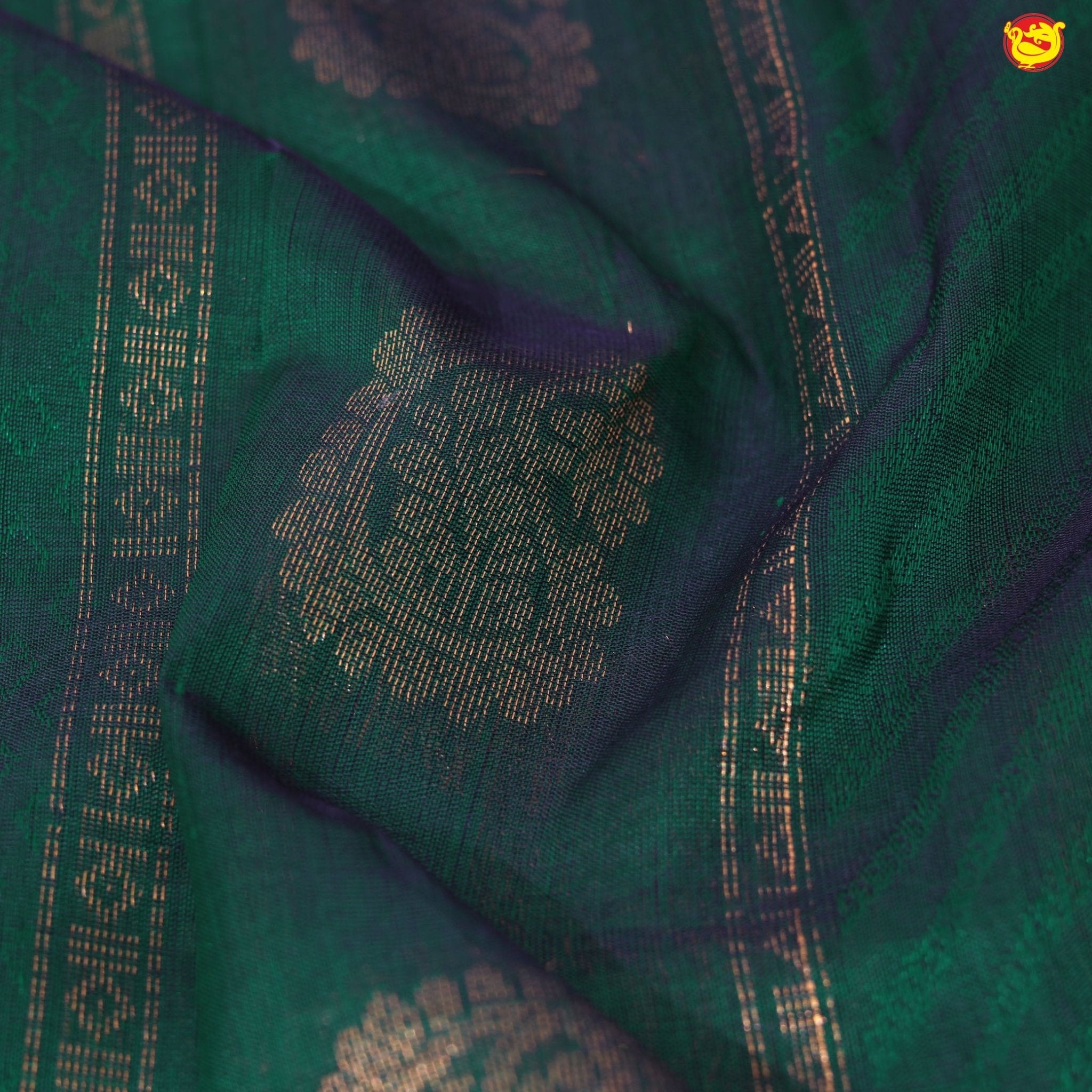 Bottle Green and Dark Red With Gold Zari Floral Buttas Pure Silk Cotton Saree - Thenianantham