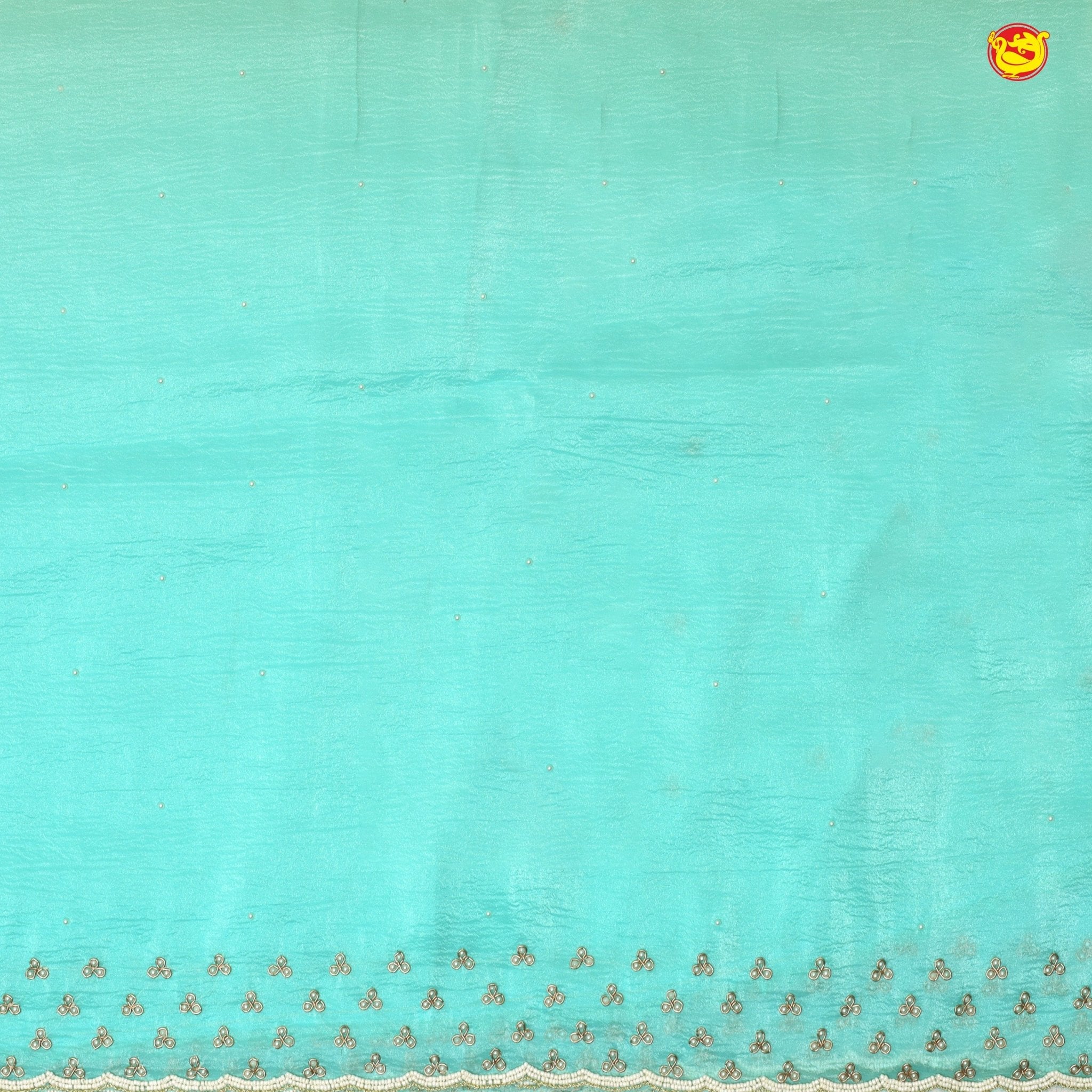 Sea Blue With Yellow Shimmer Saree In Beads And Zardosi On The Pallu Border - Thenianantham