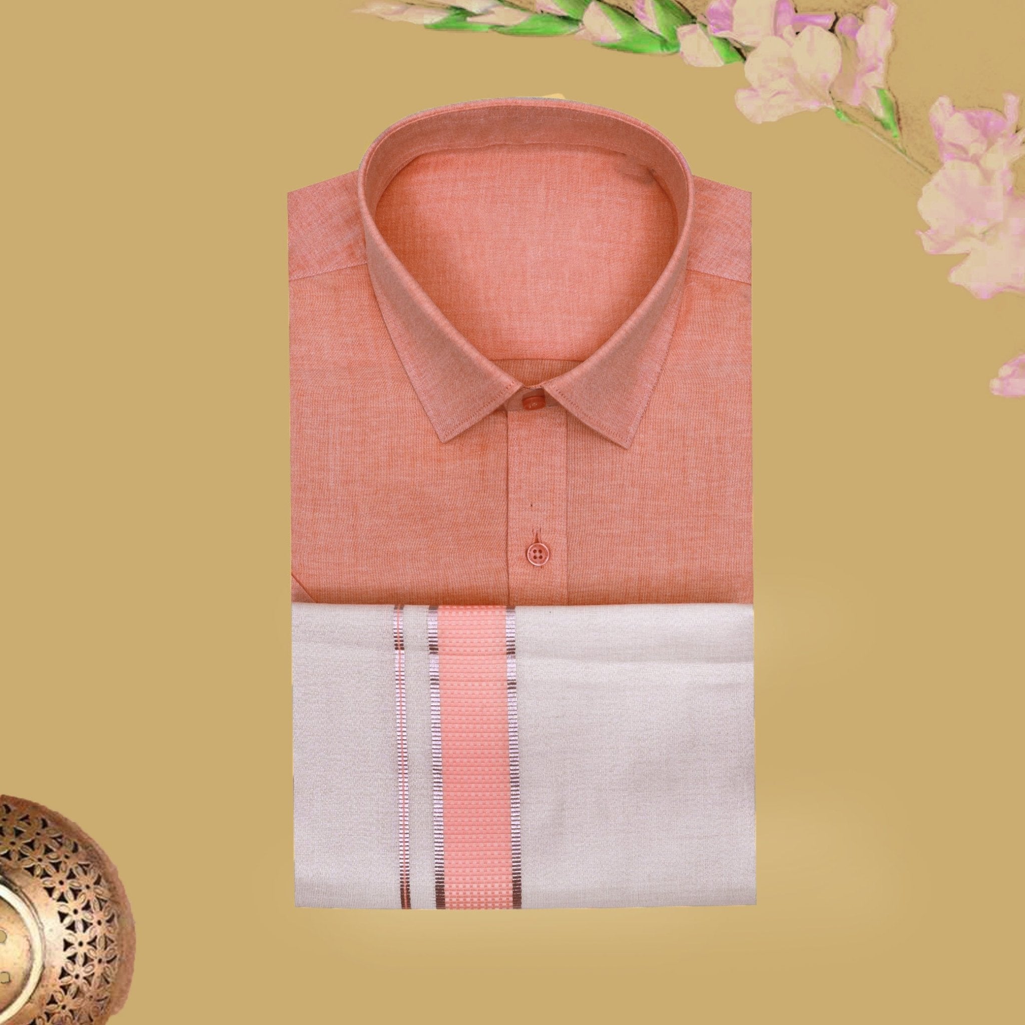 Peach Cotton Readymade Shirt and Flexi Fit Dhoti