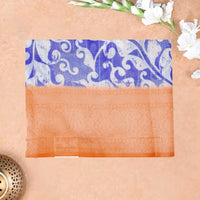 Blue with Orange Paisley Design Pattern Semi Burberry Silk Saree