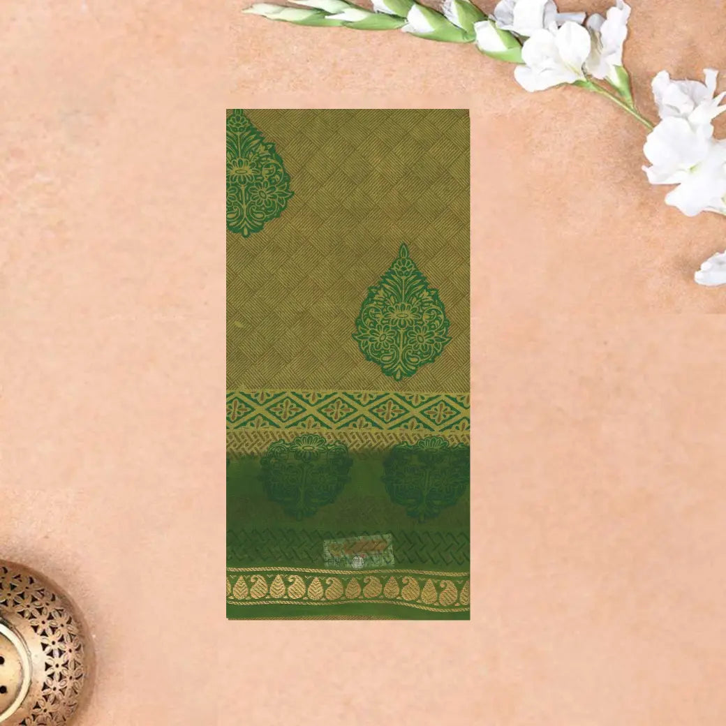 Brown with green  Mul Mul Cotton Saree without Blouse